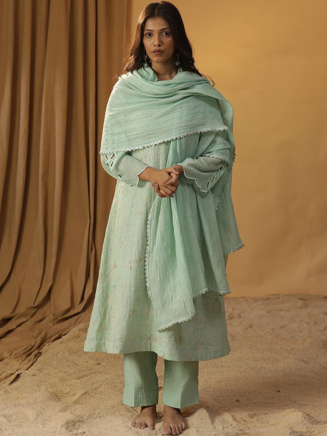 ARPITA SULAKSHANA Floral Embroidered Thread Work Chanderi A-Line Silk Kurta with Trousers