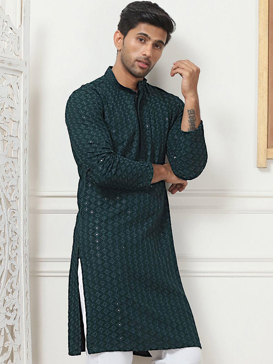 Anouk Olive Green Ethnic Motifs Embroidered Mandarin Collar Sequinned Straight Kurta
