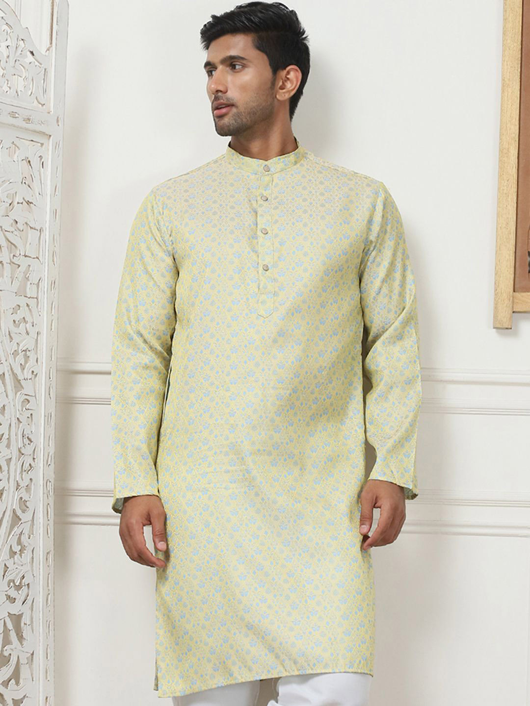 Anouk Lime Green Ethnic Motifs Woven Design Band Collar Silk Cotton Straight Kurta