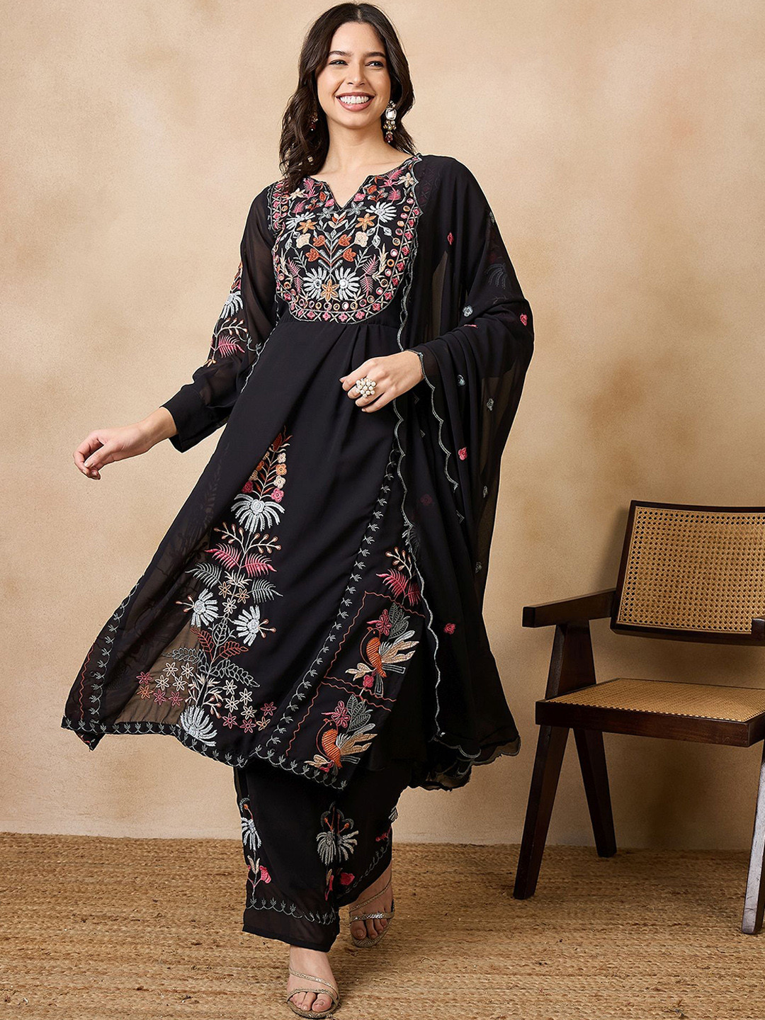 SERONA FABRICS Floral Yoke Design Thread Work A-Line Kurta With Palazzos & Dupatta