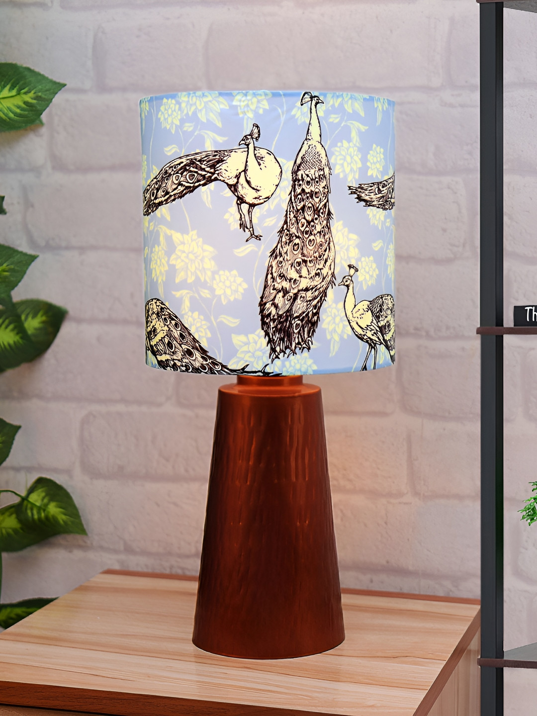 Homesake Copper Toned & Blue Printed Metal Cylindrical Shaped Table Lamp With Bulb