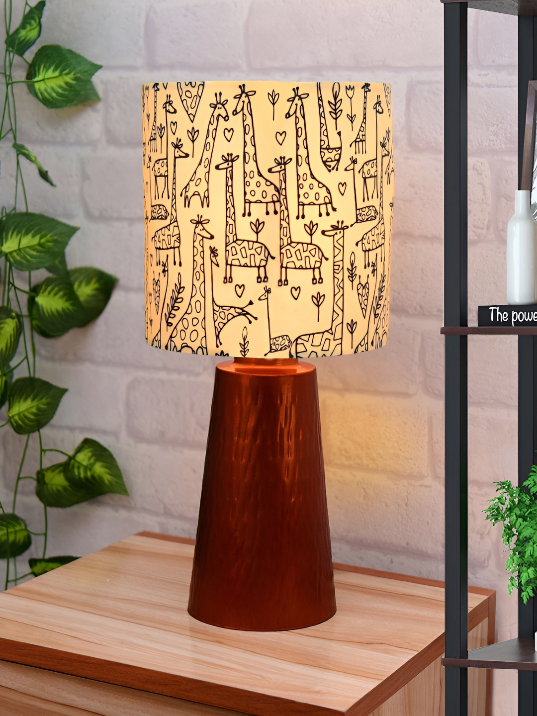 Homesake Copper Toned & Yellow Printed Metal Cylindrical Shaped Table Lamp With Bulb