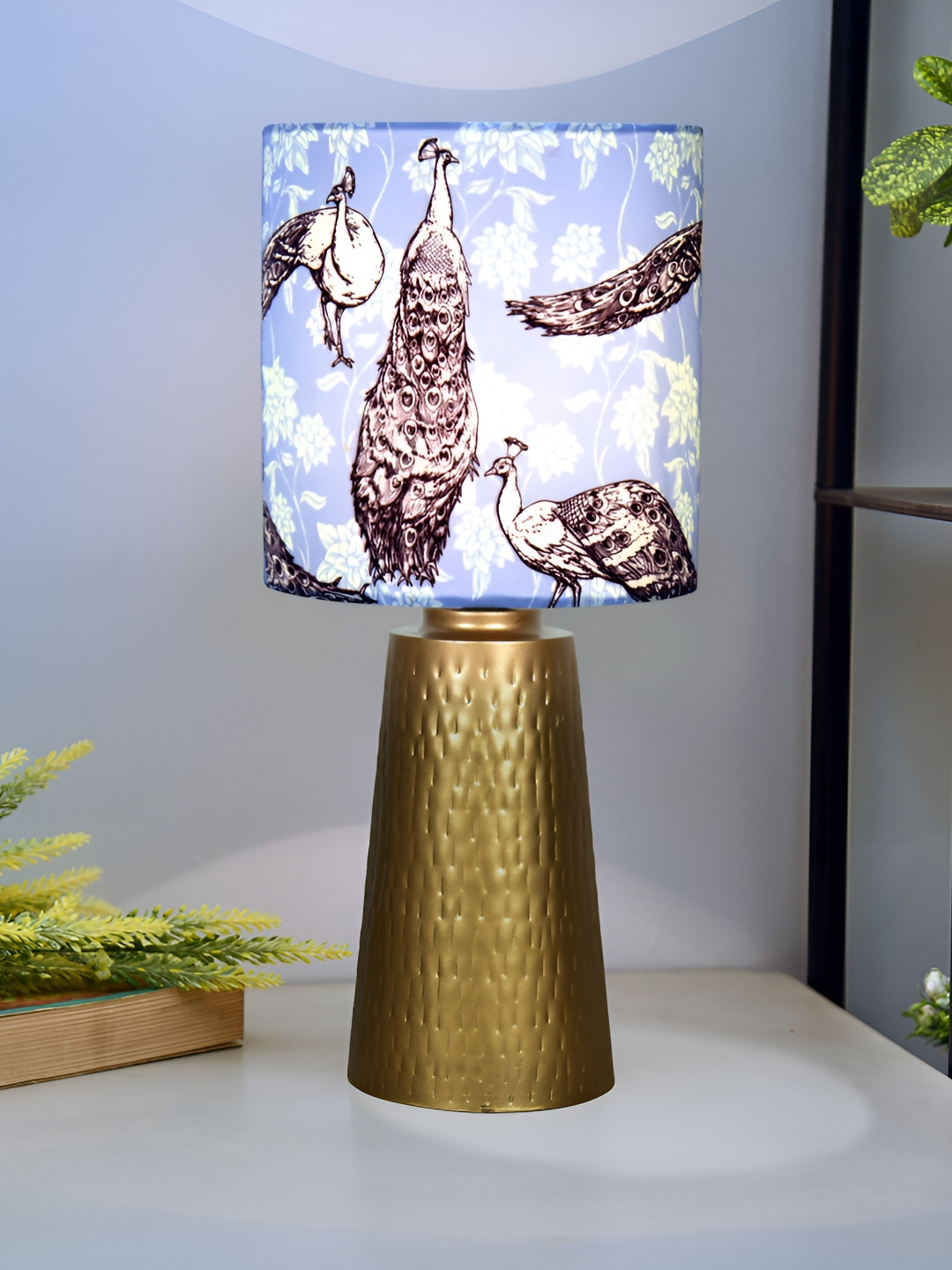 Homesake Gold Toned & Blue Printed Metal Cylindrical Shaped Table Lamp With Bulb