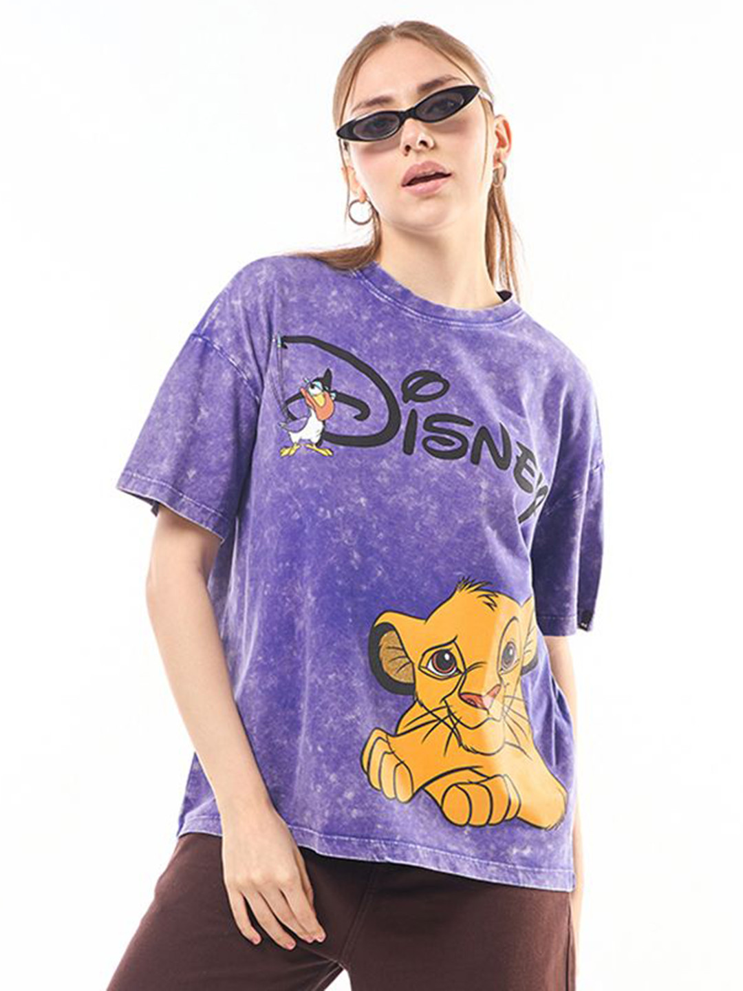 Bewakoof Official Women Disney Blue Simba Zazu Printed Cotton Oversized Acid Wash T-shirt