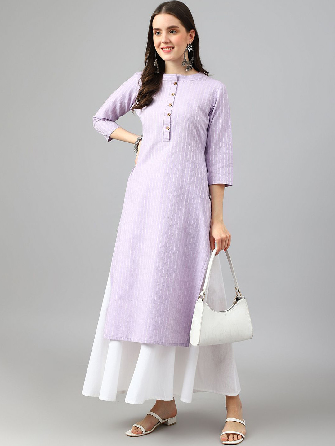 Saanjh Purple Striped Mandarin Collar Jacquard Weave Cotton Straight Kurta