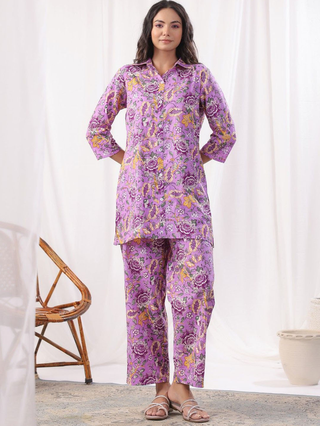 AUTUMN LANE Freya Printed Shirt Collar Pure Cotton Tunic With Trousers