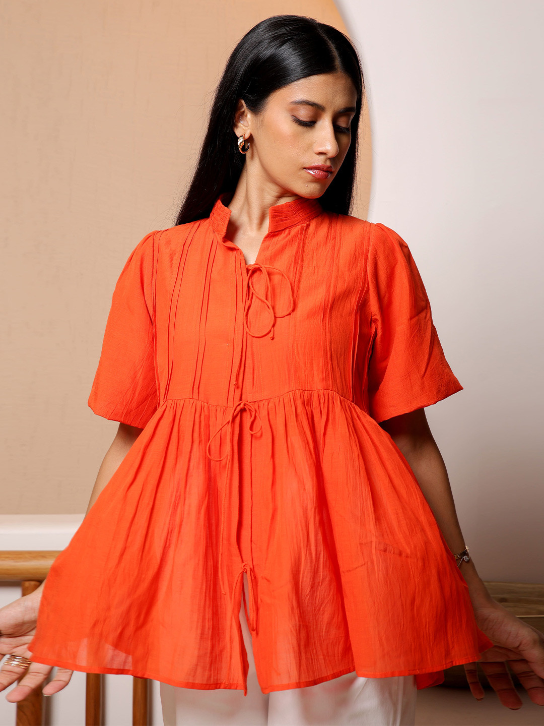 NH KAPDEWALA Women Tie-Up Neck Peplum Top