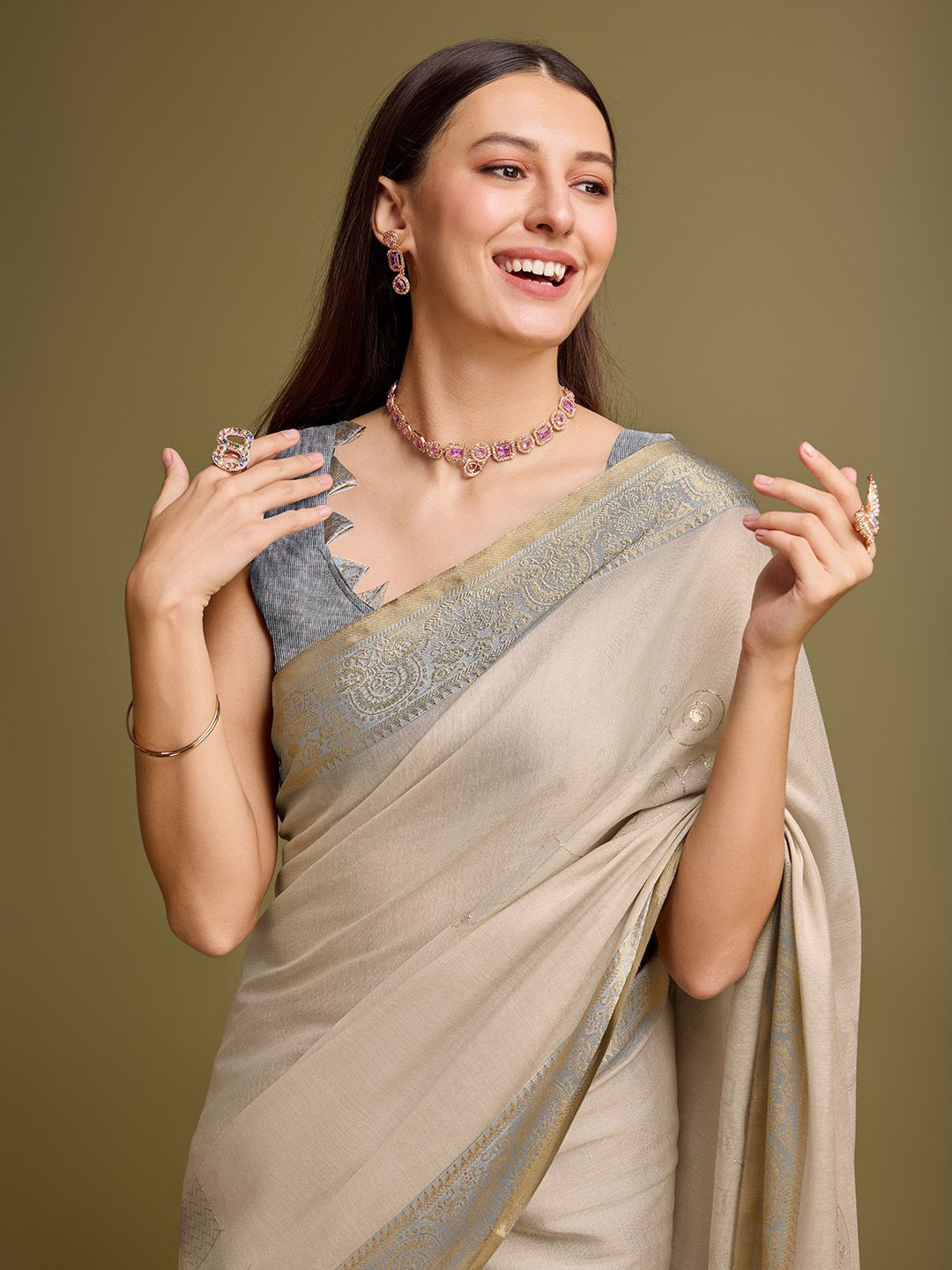 Mitera Ethnic Motifs Zari Tissue Block Print Saree