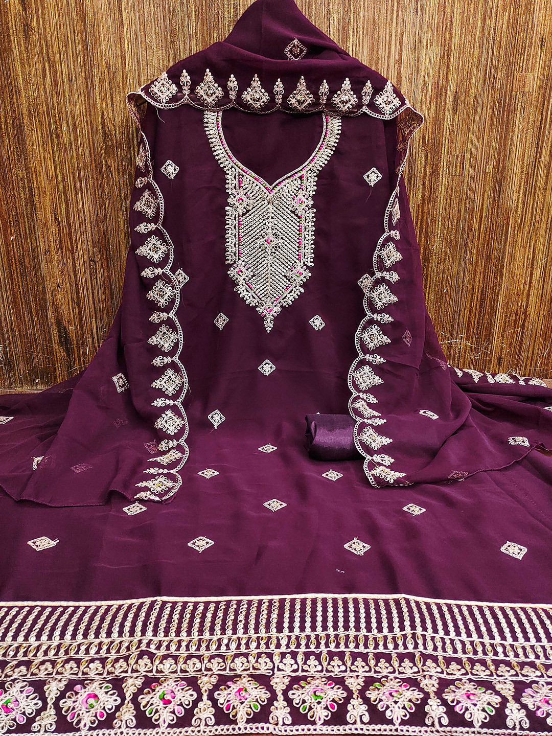 MANVAA Floral Embroidered Zari Work Silk Georgette Unstitched Dress Material