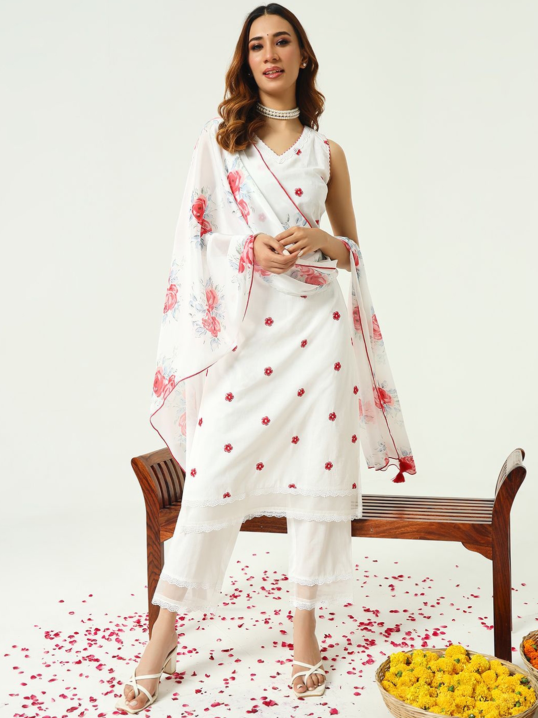 FIORRA Floral Printed Regular Pure Cotton Kurta With Trousers & Dupatta - Kurta Sets for Women 30214232 | Myntra