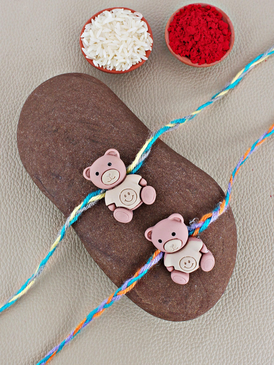 LUCKY JEWELLERY Set of 2 Cute Teddy Thread Rakhis With Roli Chawal & Greeting Cards
