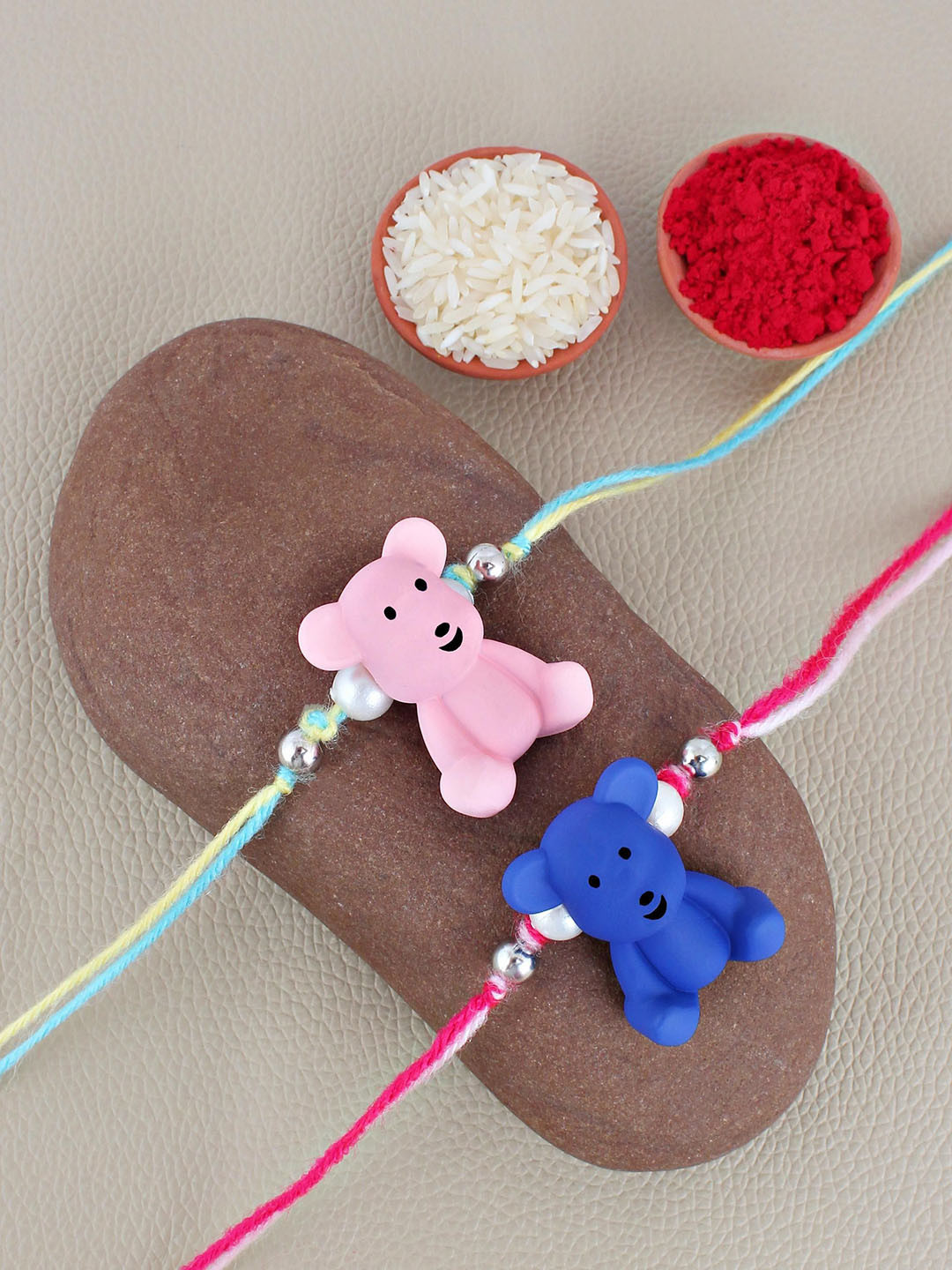 LUCKY JEWELLERY Set of 2 Cute Teddy Thread Rakhis With Roli Chawal & Greeting Cards
