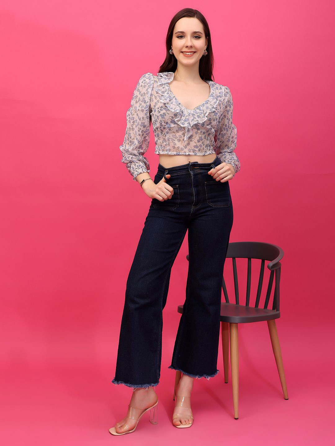 Cation Women Floral Print Kimono Sleeve Chiffon Crop Top