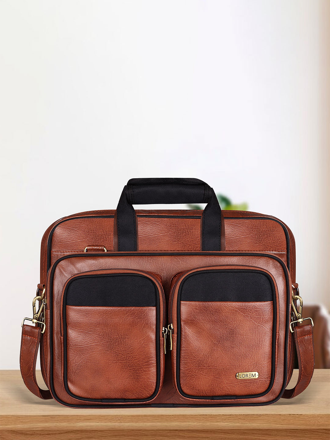 LOREM Tan & Black Color Faux Leather 28L Messenger Bag For Men