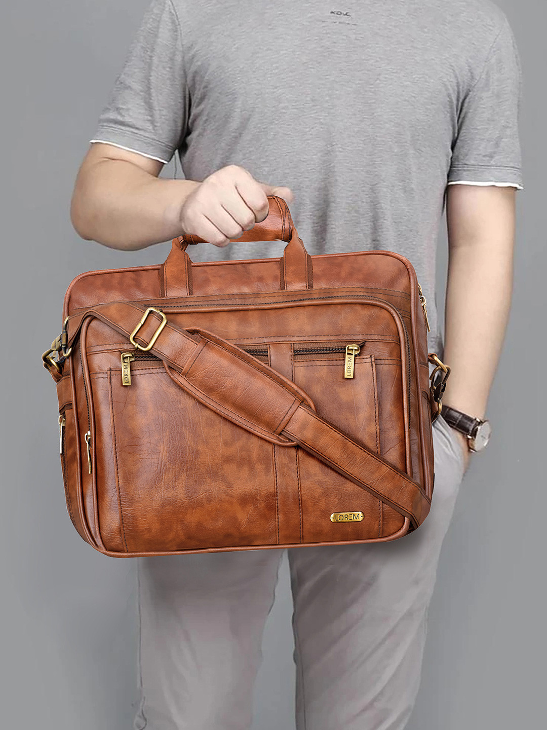 LOREM Tan Color Faux Leather 28L Laptop Bag For Men