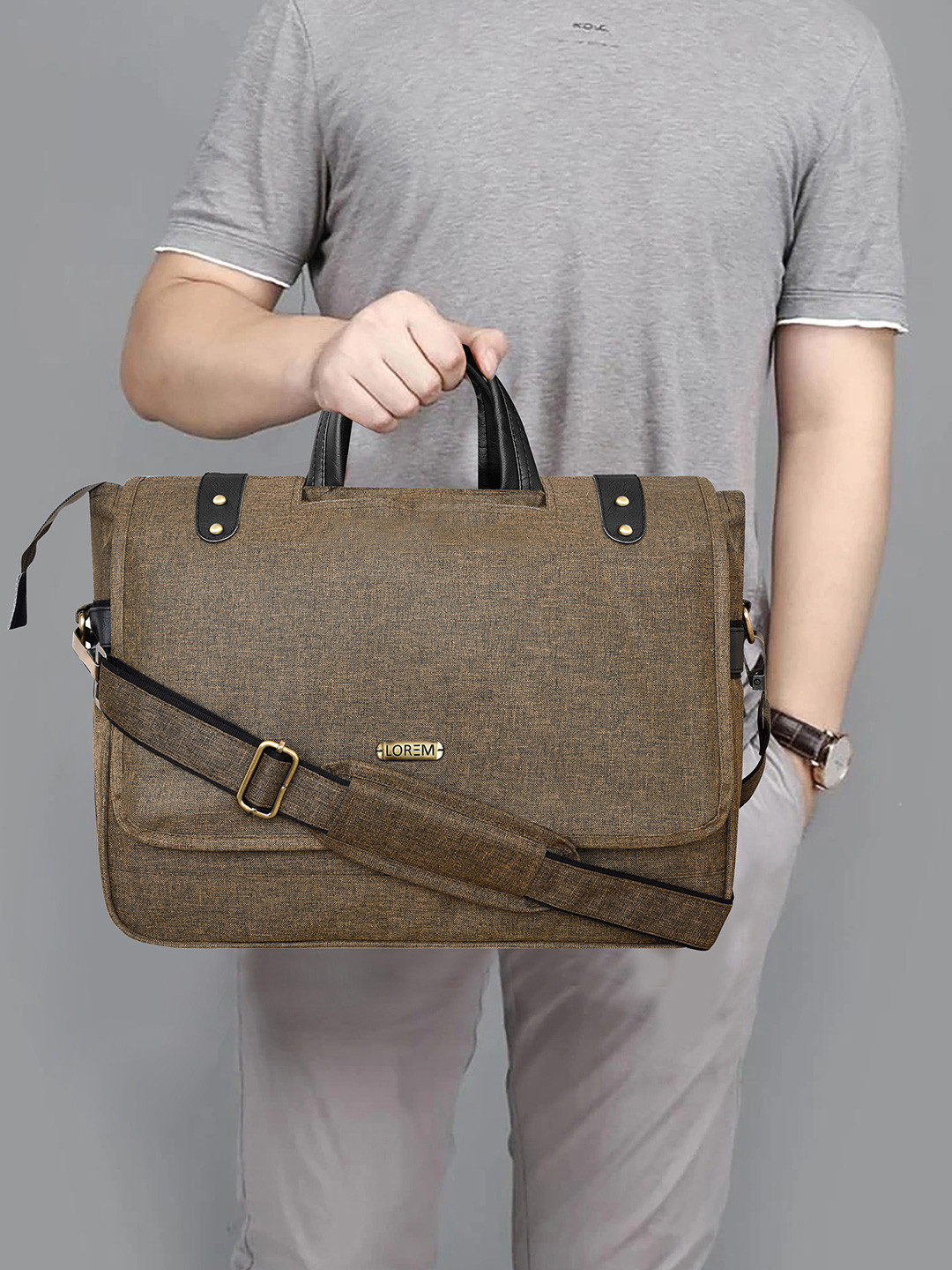 LOREM Unisex Khaki & Black Color Faux Leather 10L Laptop Bag For Men