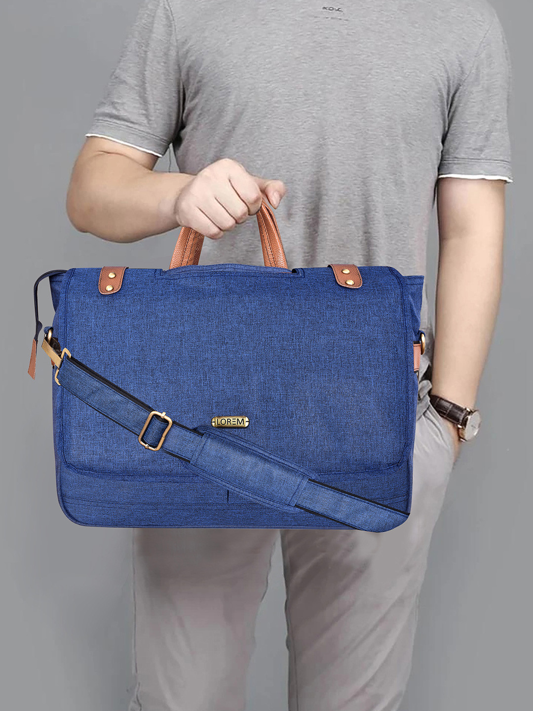 LOREM Unisex Blue & Tan Color Faux Leather 10L Laptop Bag For Men