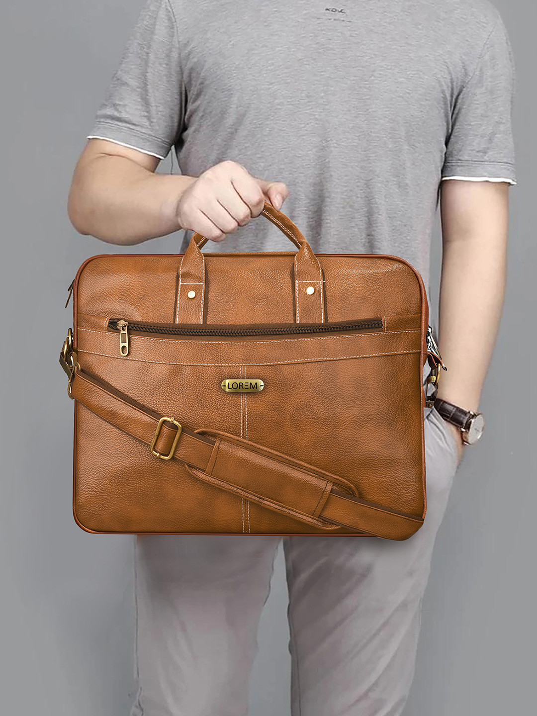 LOREM Unisex Textured Tan Color Faux Leather 10L Laptop Bag For Men & Women
