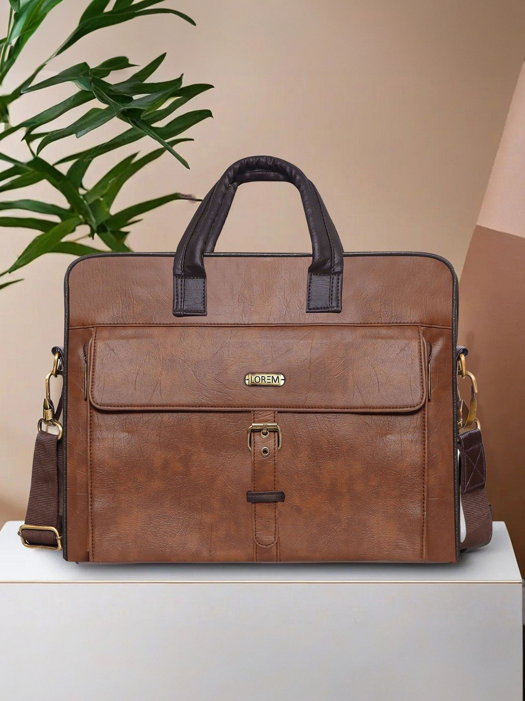 LOREM Unisex Textured Tan Color Faux Leather 10L Laptop Bag For Men