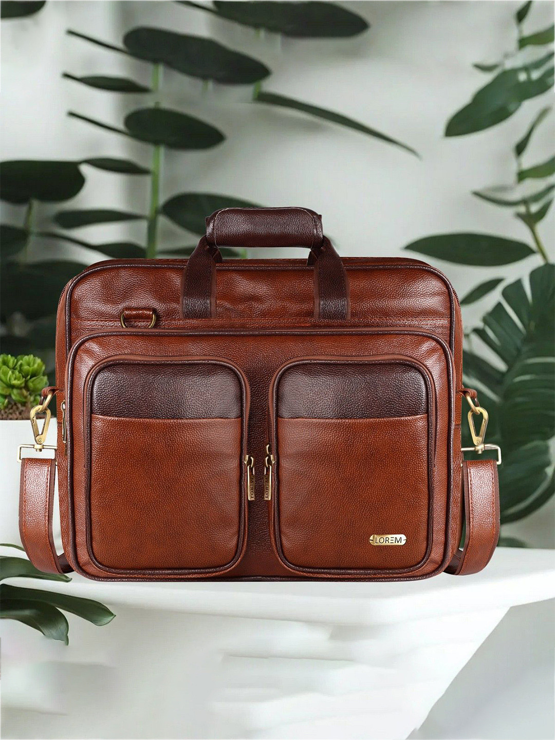 LOREM Men Textured Tan & Brown Color Faux Leather 28L Messenger Bag For Men