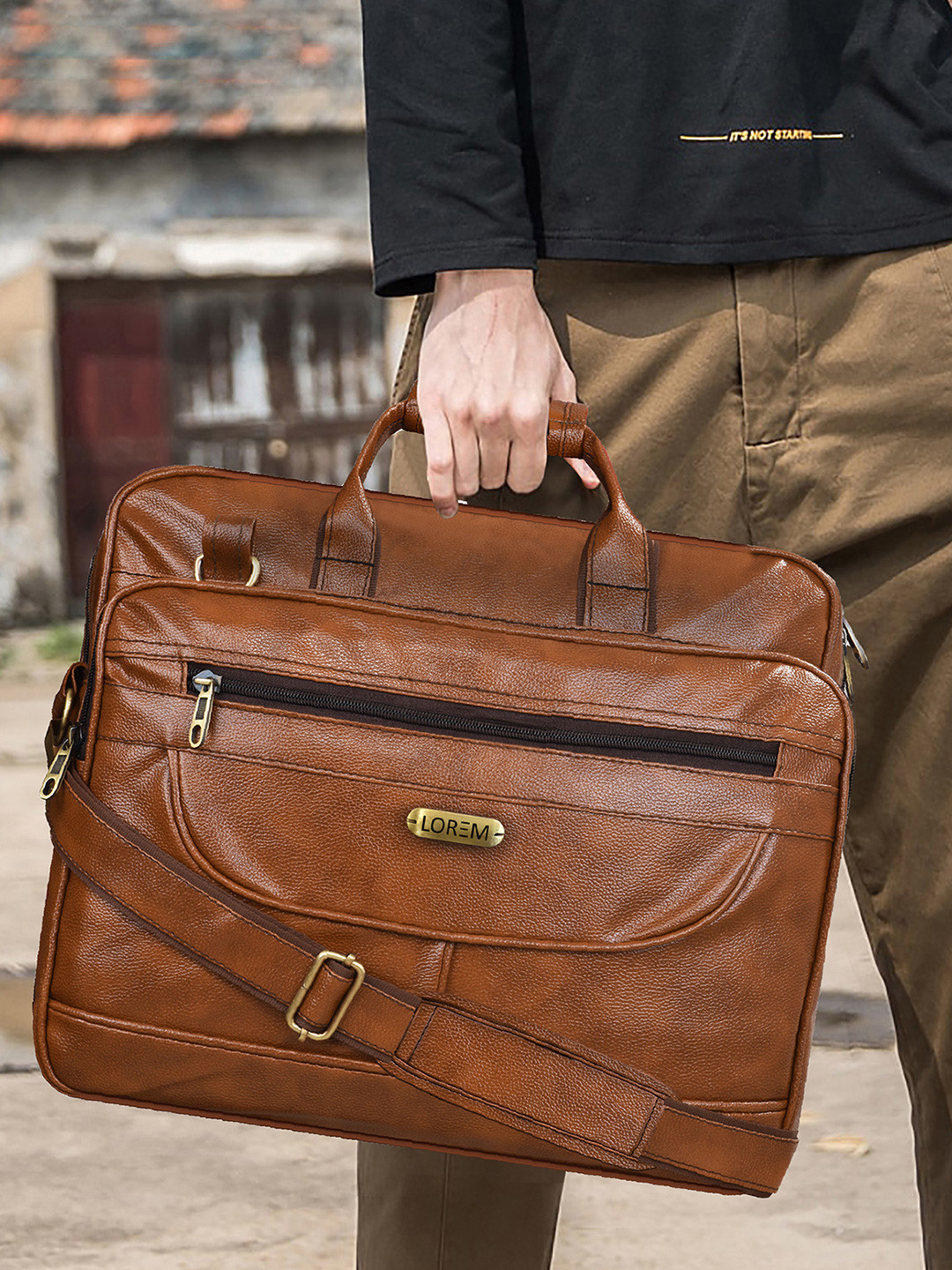 LOREM Textured Tan Color Faux Leather 28L Laptop Bag For Men