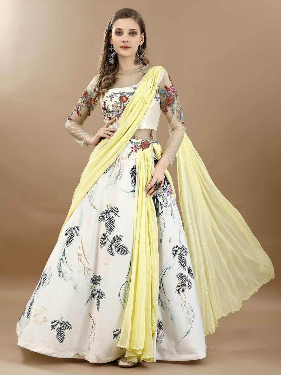 SAPTRANGI Women Printed Boat Neck Maxi With Attached Shawl Ethnic Dresses