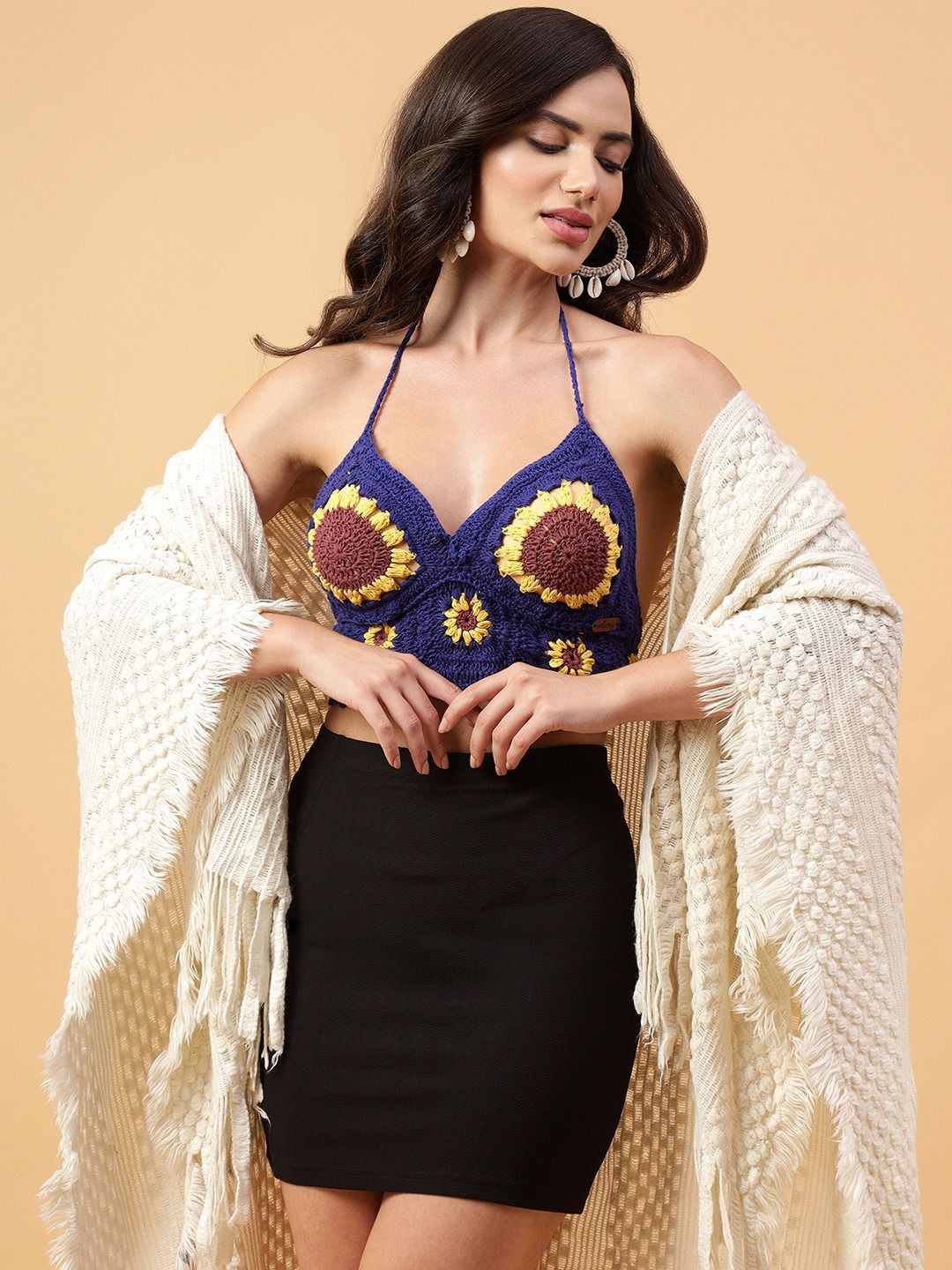 Velvery Women Halter Neck Shoulder Straps Floral Self Design Cotton Crochet Bralette Top