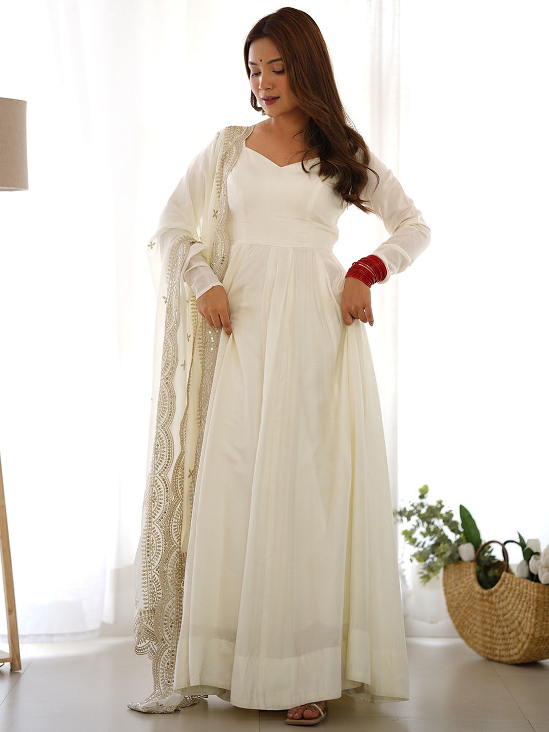 LABELKBBRAND Sweetheart Neck Fit and Flare Maxi Length Ethnic Dress With Dupatta