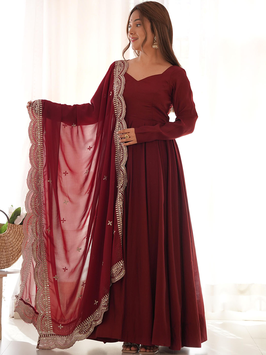 LABELKBBRAND Sweetheart Neck Fit and Flare Maxi Length Ethnic Dress With Dupatta