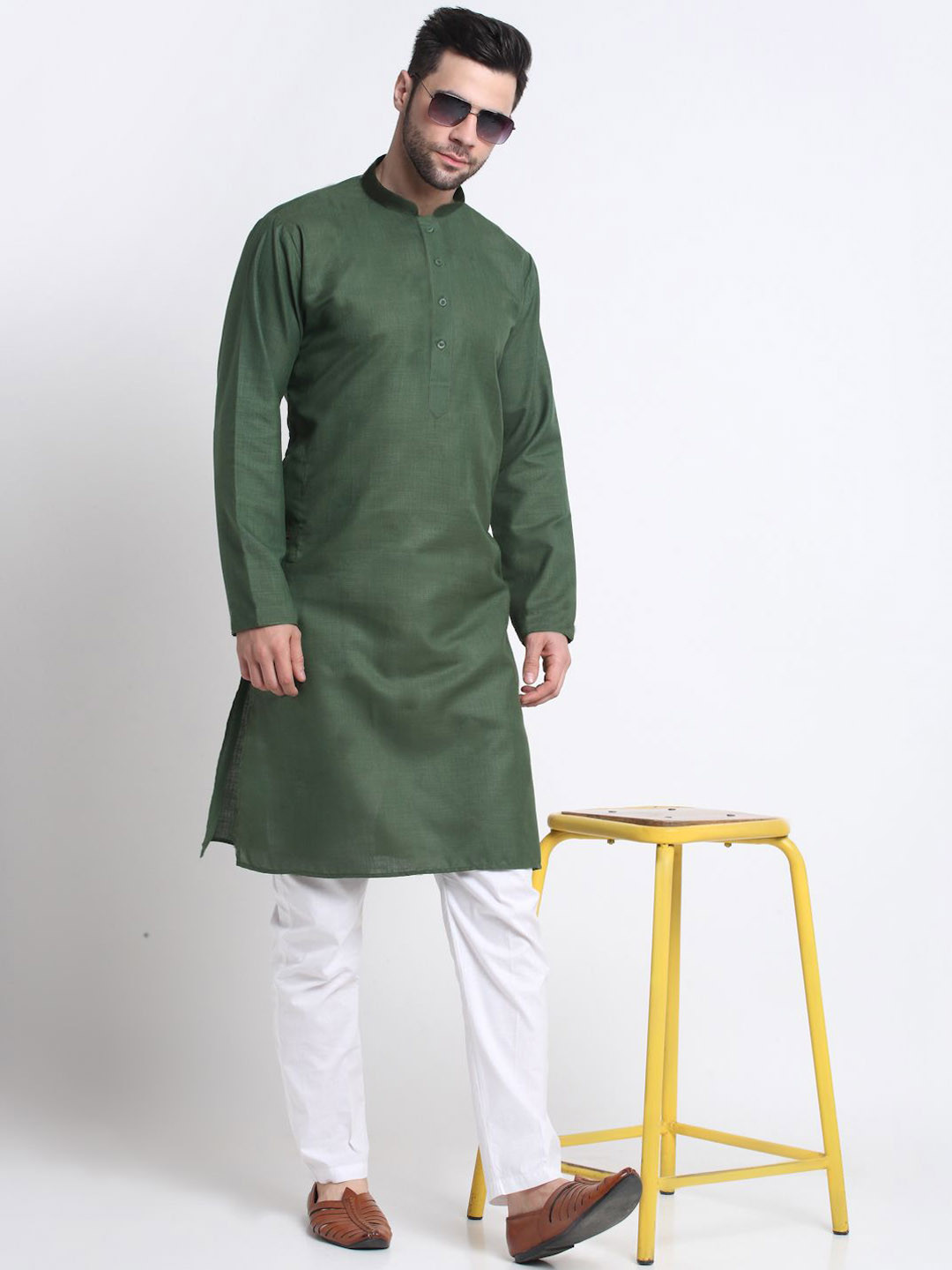 KRAFT INDIA Mandarin Collar Jacquard Knee Length A-Line Kurta