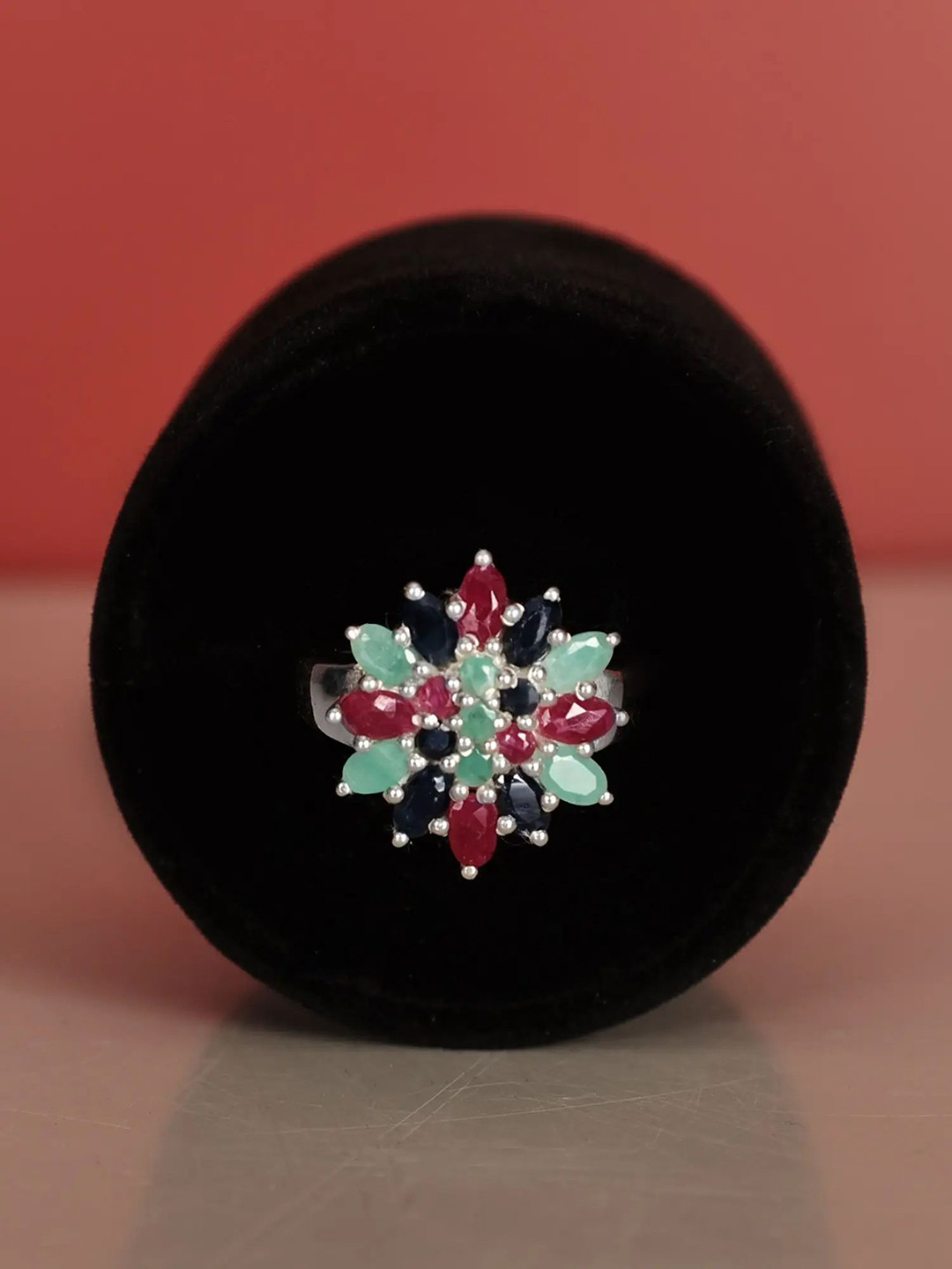 Exotic India Multiple Gemstones Designer Sterling Silver Ring