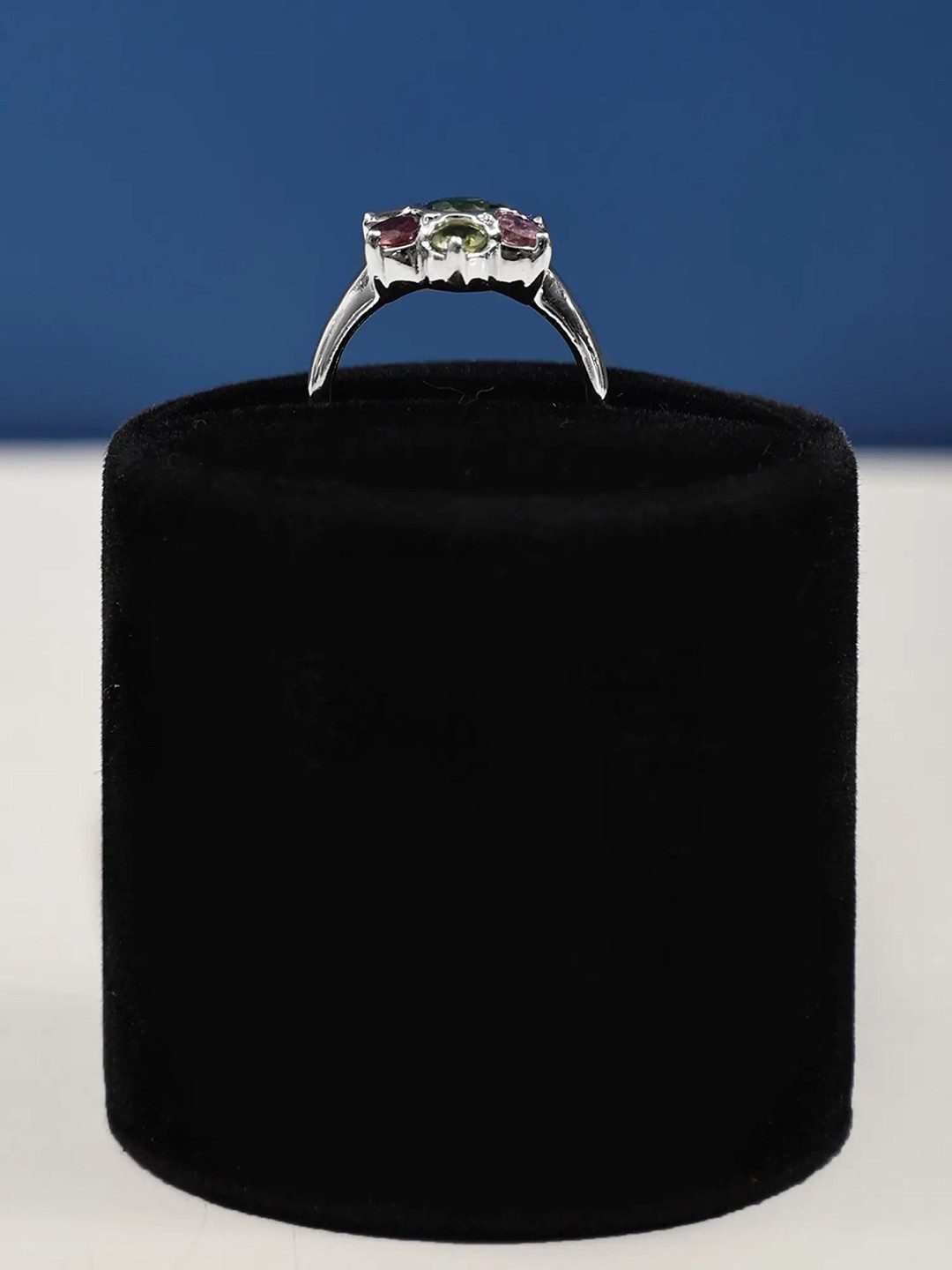 Exotic India Multiple Stone Sterling Silver Floral Design Ring