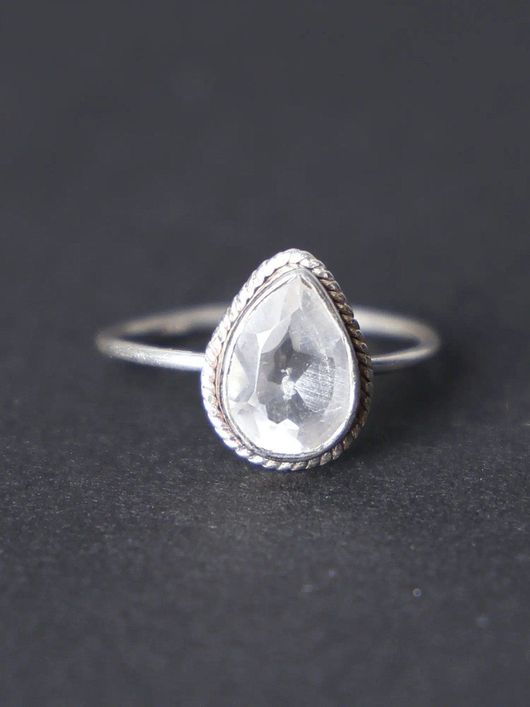 Exotic India Crystal Teardrop Shape Sterling Silver Ring