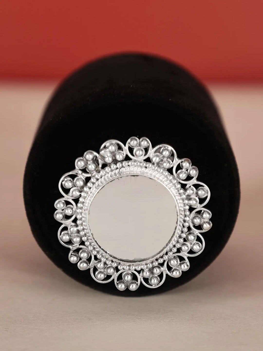 Exotic India Floral Design Sterling Silver Mirror Ring