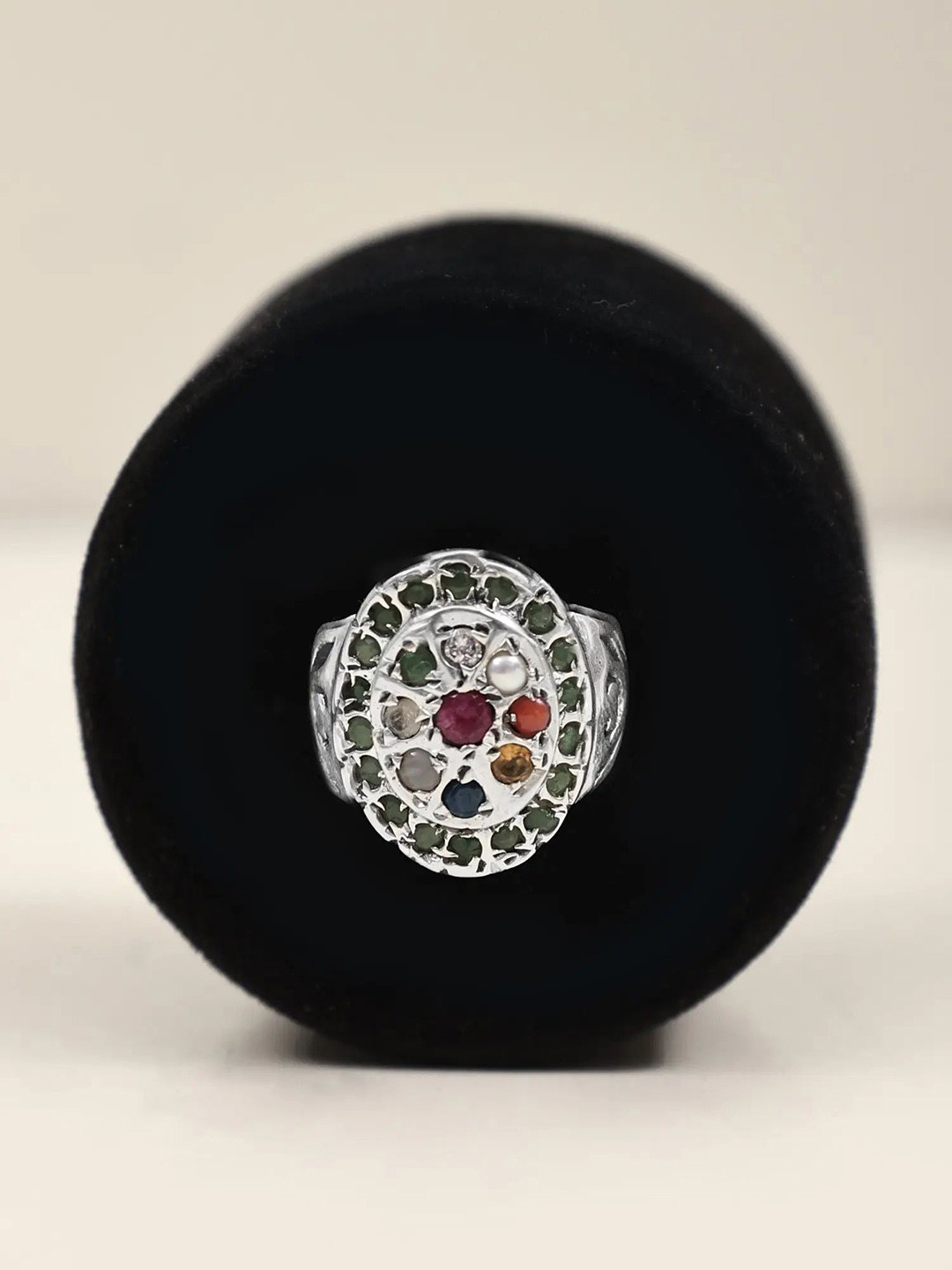 Exotic India Sterling Silver Navaratna Ring