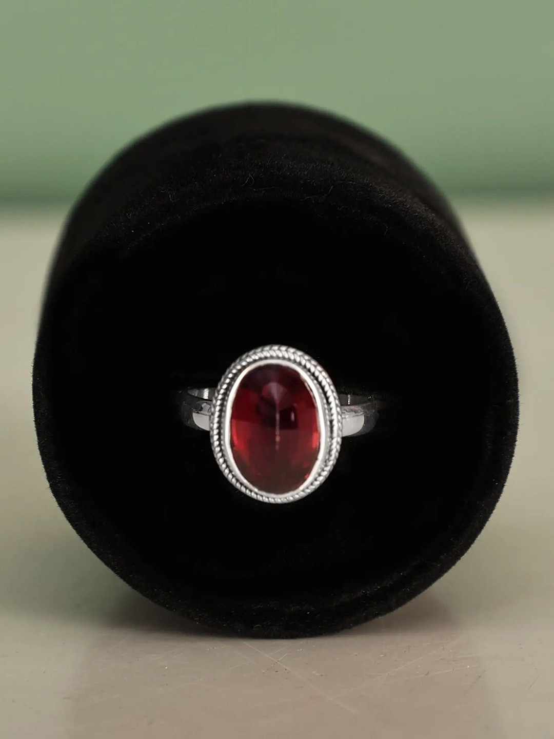Exotic India Cut Red Glass Oval Shape Sterling Silver Ring