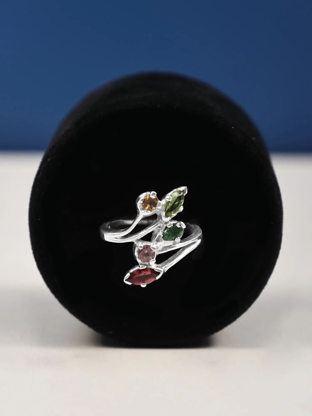 Exotic India Multiple Gemstones Sterling Silver Stylish Ring