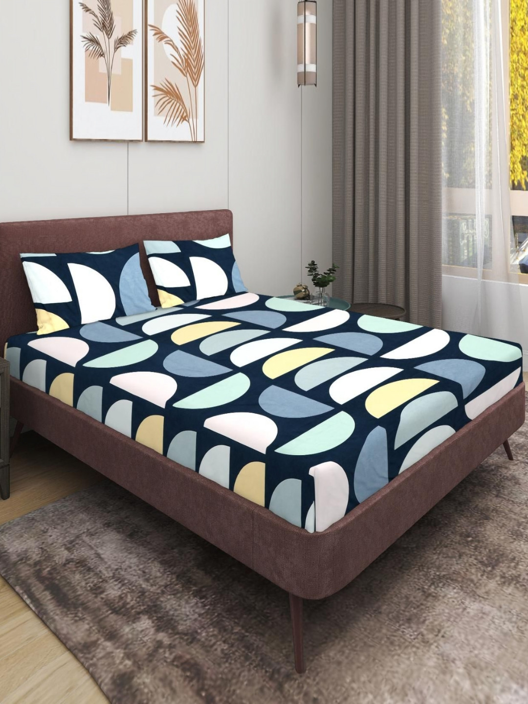 MODEFE Navy Blue Geometric Microfiber 180 TC Queen Fine Bedsheet with 2 Pillow Covers-89 x 98 inches