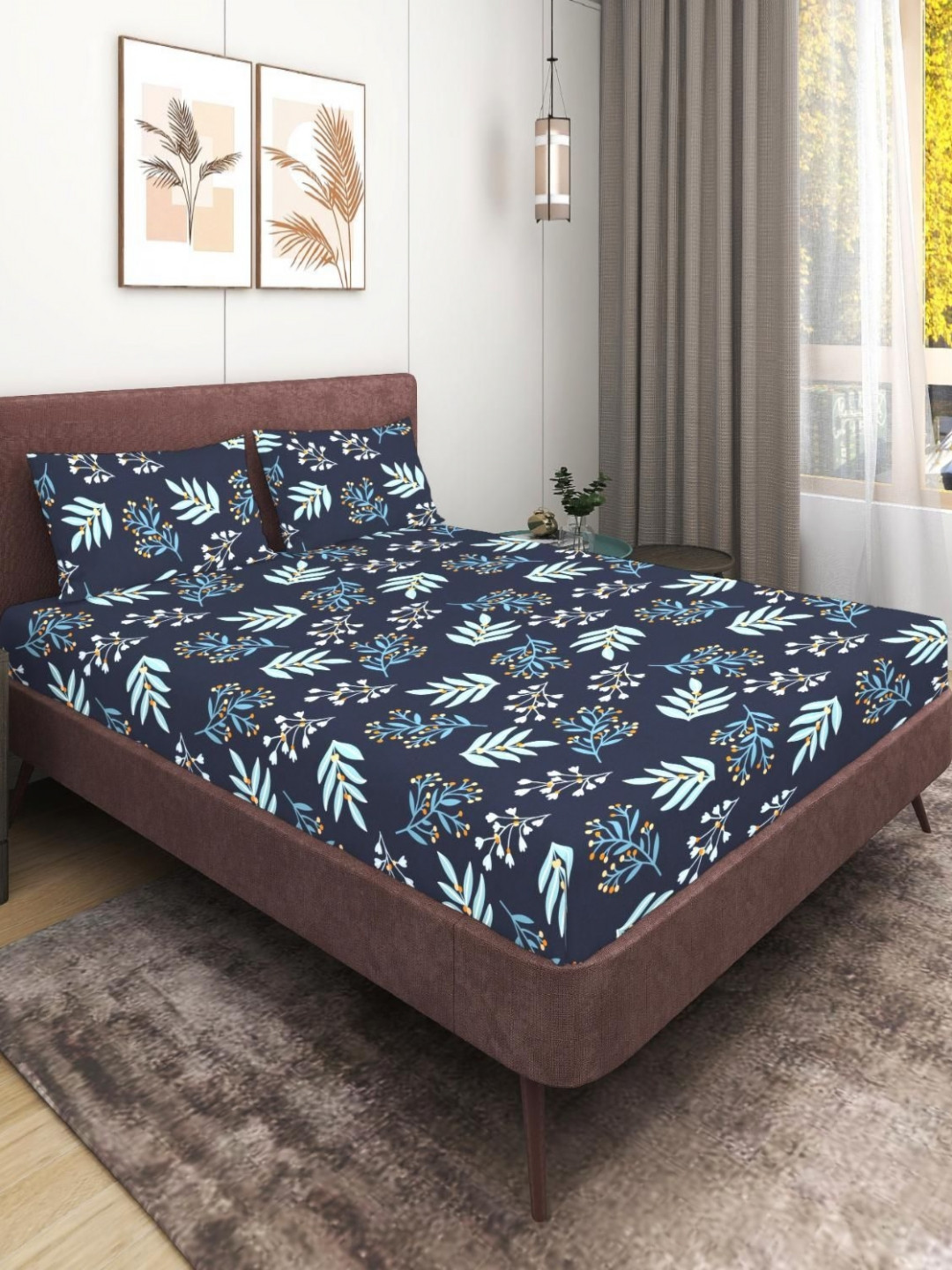 MODEFE Blue Floral Microfiber 180 TC Double Fine Bedsheet with 2 Pillow Covers-89 x 98 inches