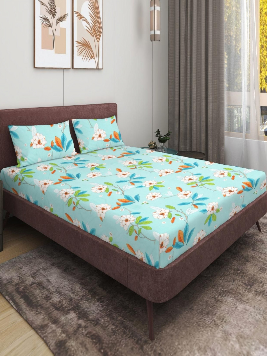 MODEFE Blue Floral Microfiber 180 TC Queen Fine Bedsheet with 2 Pillow Covers-89 x 98 inches