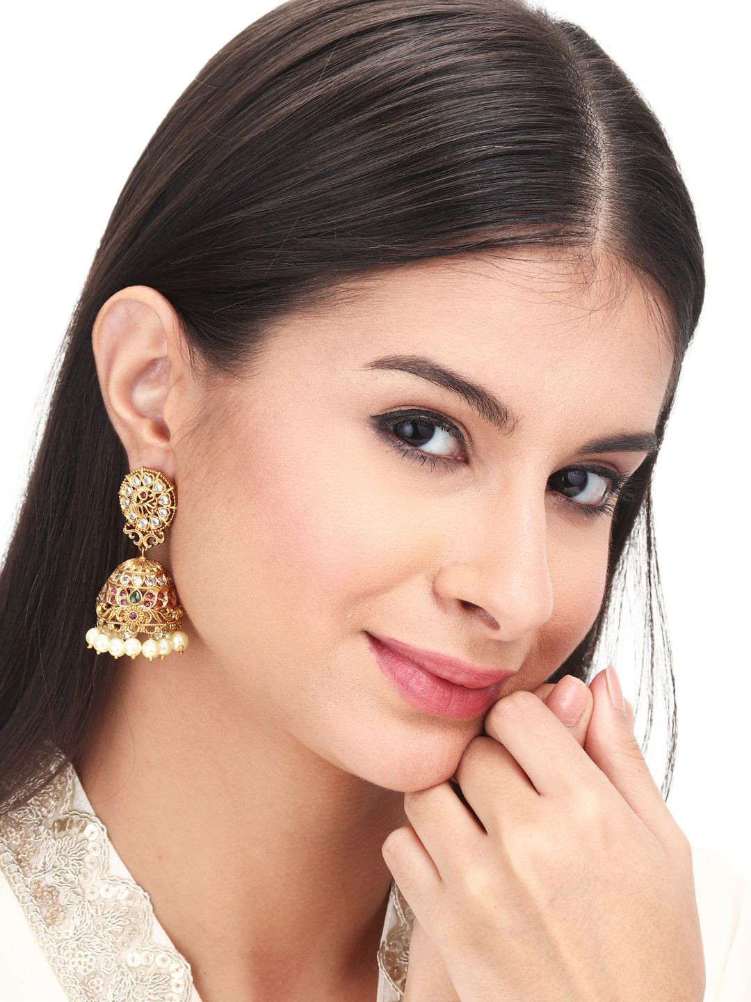 Anvik Gold Plated Artificial Stones Dome Shape Jhumkas