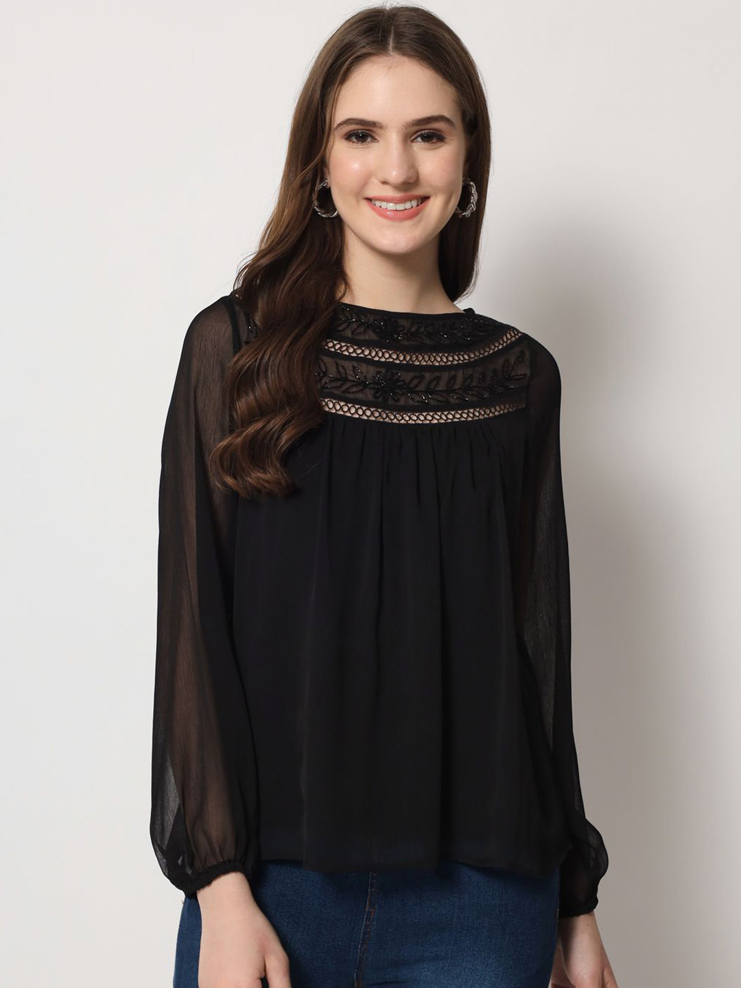 ARDITA  Women Zardozi Embroidery  Black Chiffon Top
