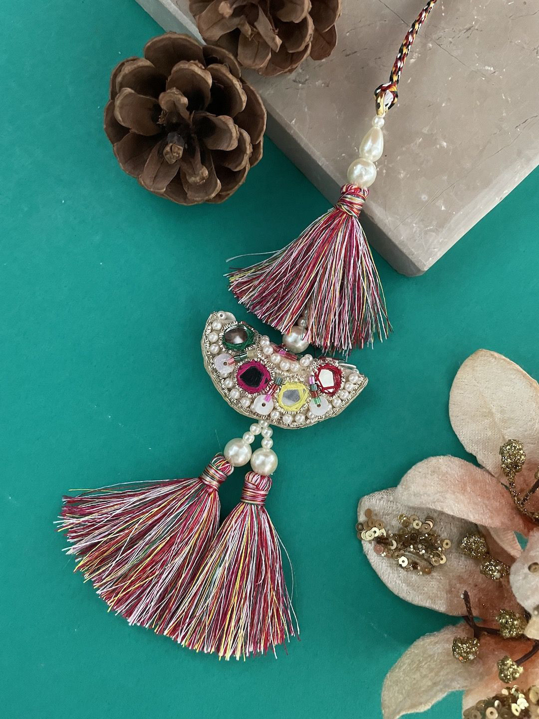 Digital Dress Room Mirror Work & Beaded Latkan Lumba Rakhi