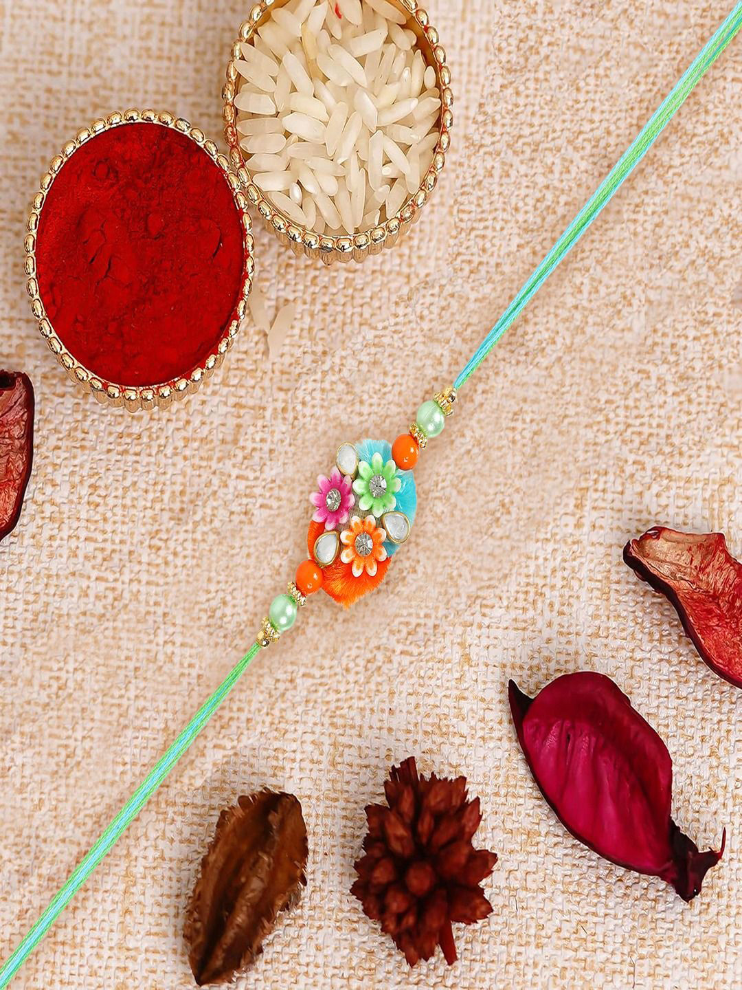 UNIVERSITY TRENDZ Floral Beaded Silk Thread Rakhi With Roli Chawal