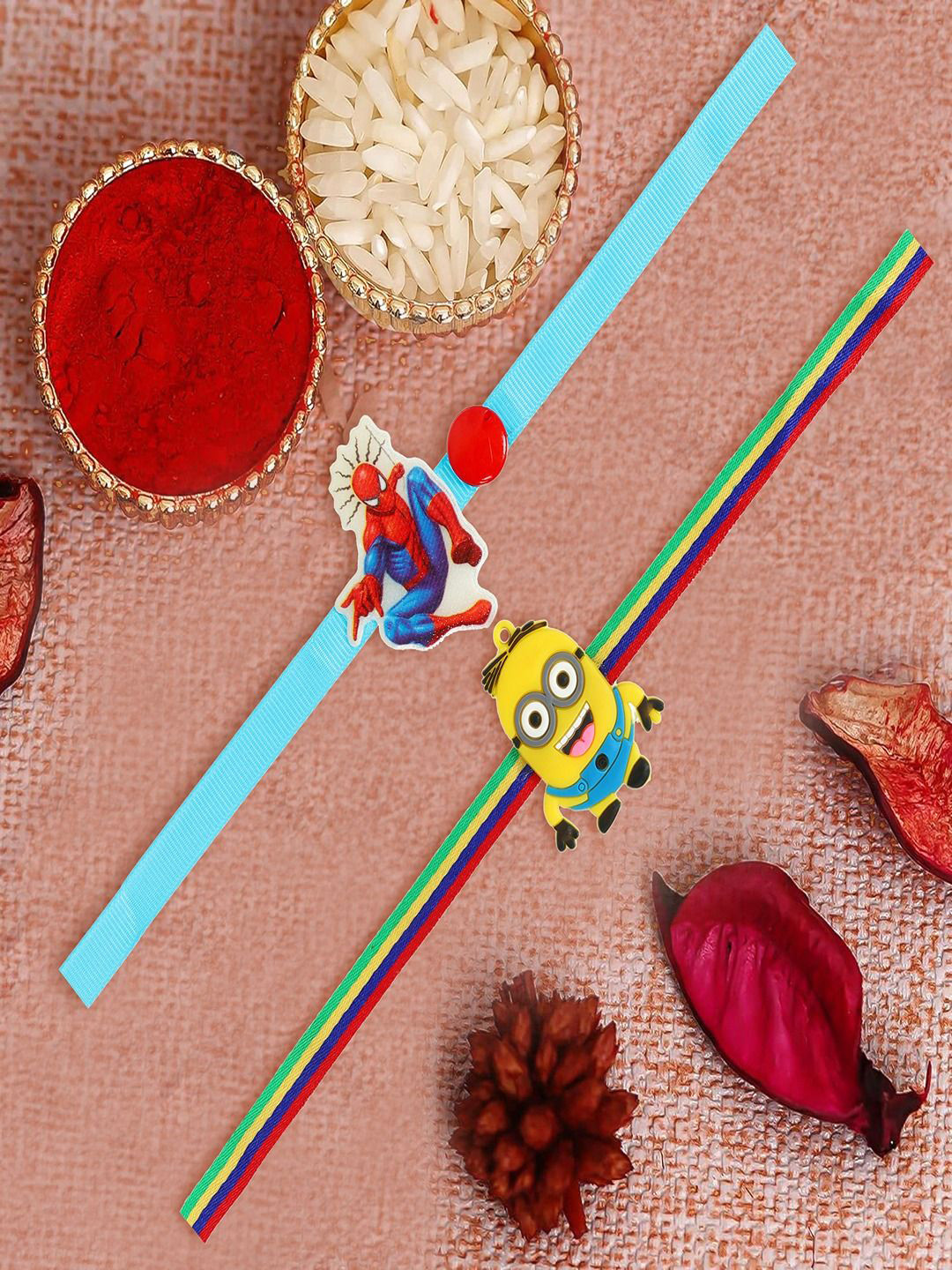 UNIVERSITY TRENDZ Kids Set of 2 Spinder & Minions Thread Rakhis With Roli Chawal