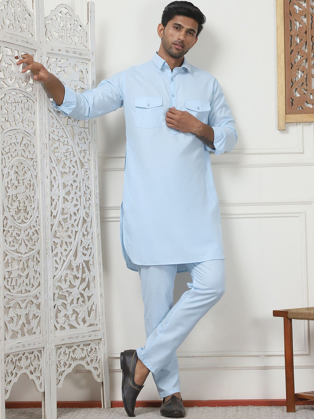 Anouk Turquoise Blue Shirt Collar Pathani Kurta with Pyjamas