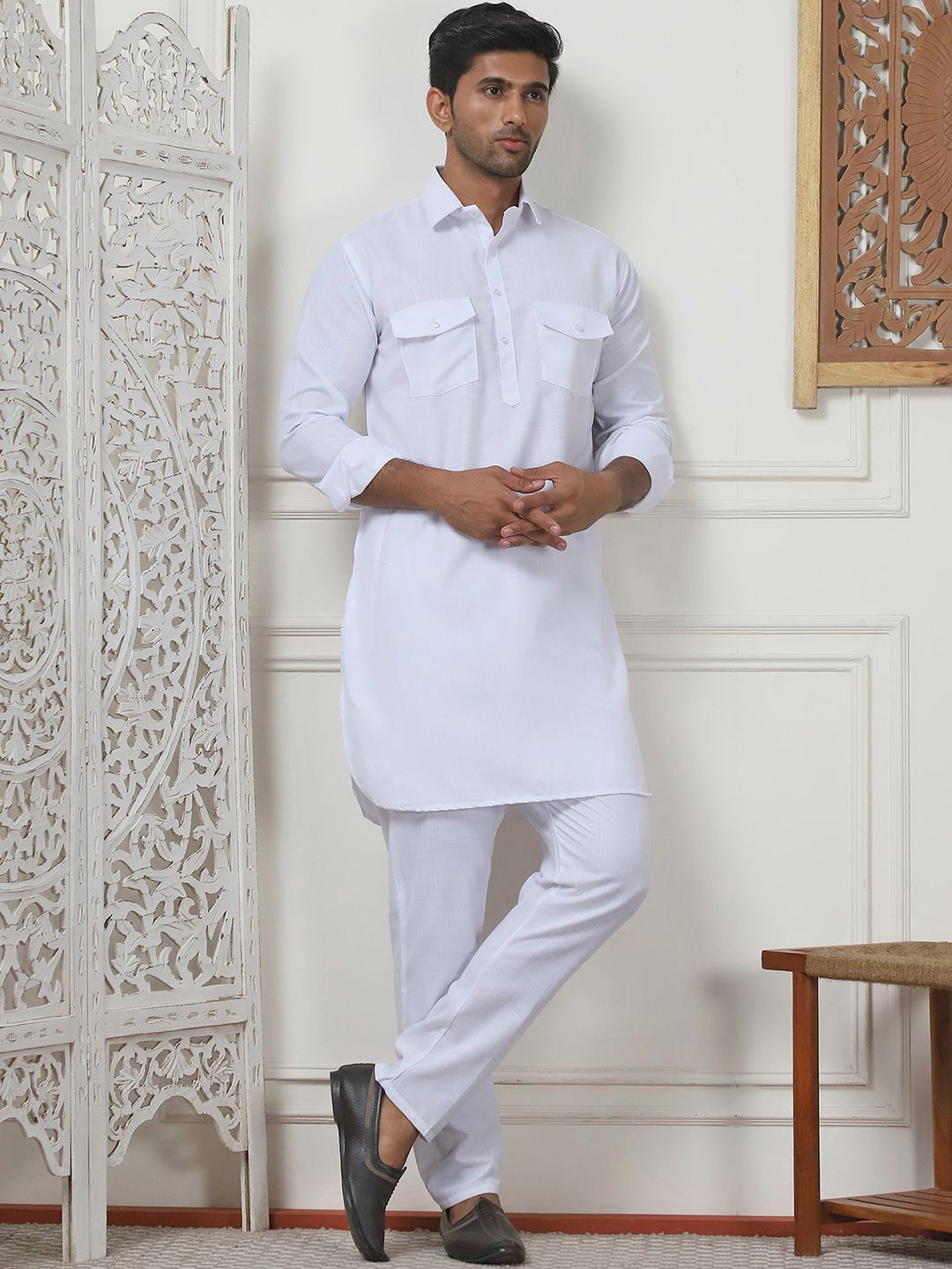 Anouk White Shirt Collar Pathani Kurta with Pyjamas