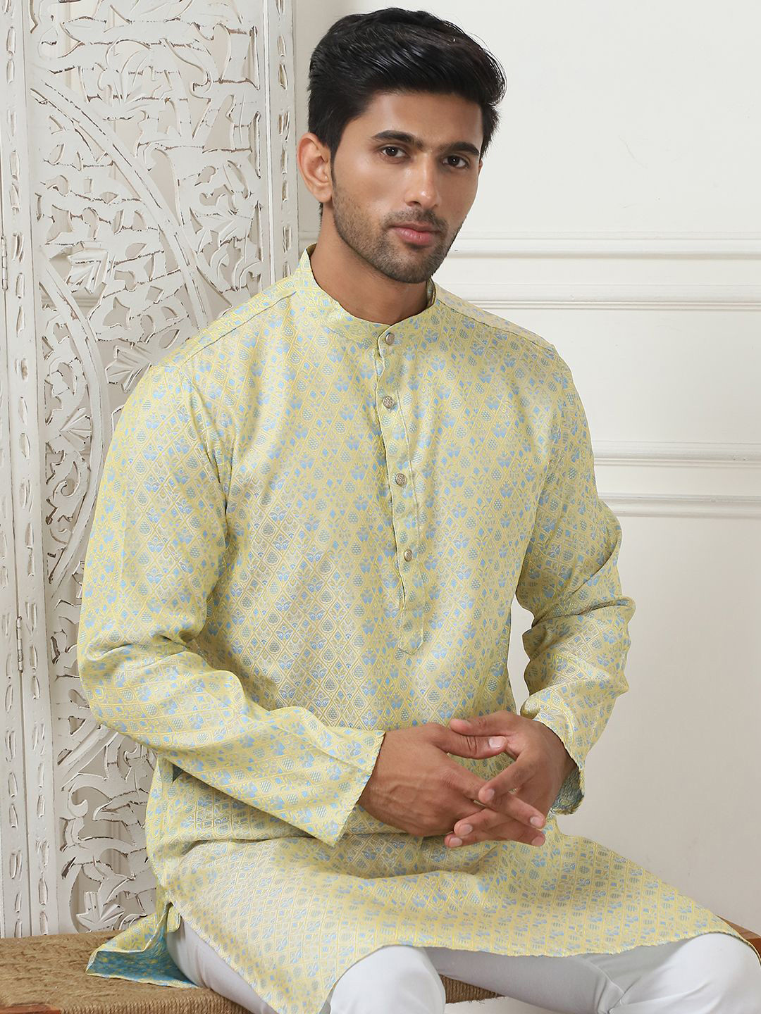 Anouk Lime Green Floral Woven Design Jacquard Weave Silk Cotton Kurta & Pyjamas