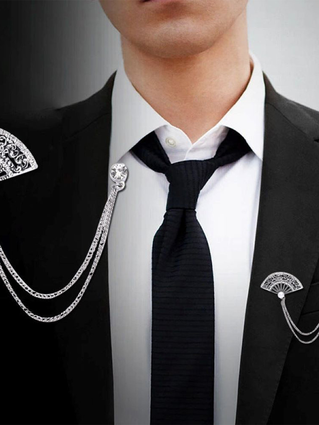 SYGA Men Stones Studded Tassel Fan Brooch With Chain