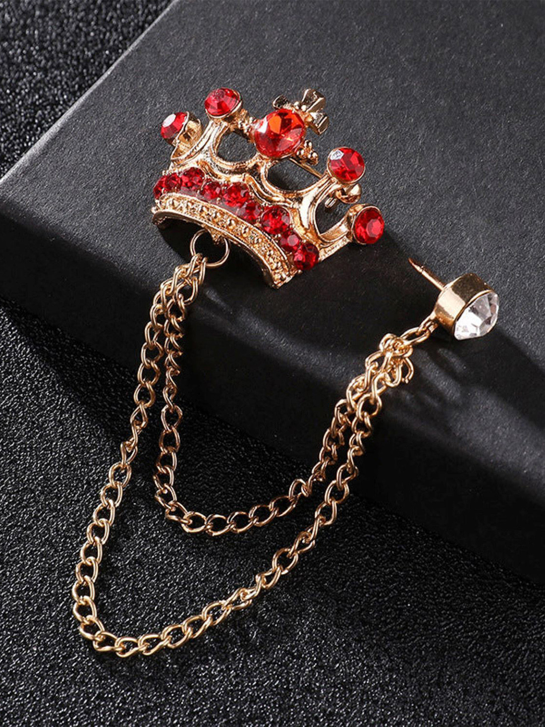 SYGA Men Stones Studded Tassel Crown Brooch With Chain